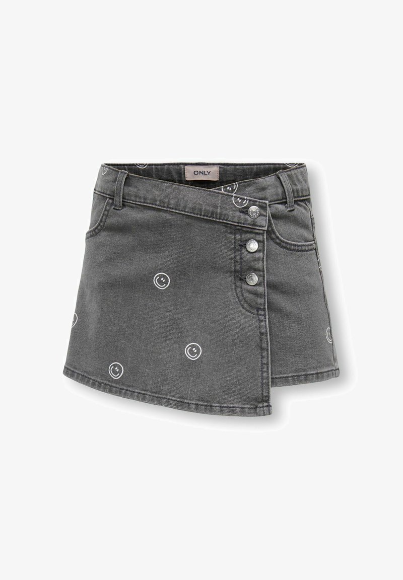 Fustă mini din denim gri închis cu înfășurare frontală asimetrică, trei nasturi argintii și imprimeuri albe cu fețe zâmbitoare împrăștiate pe țesătură.