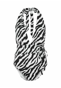Czarnobiałe jednoczęściowe kostium kąpielowy w wzór zebry z głębokim dekoltem w literę V, regulowanymi sznurkami na szyi oraz wiązaniami w talii z frędzlami.
