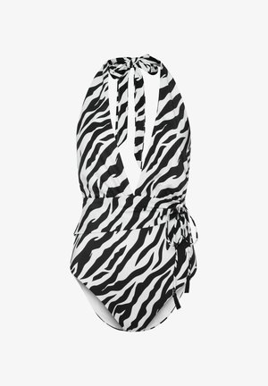 Czarnobiałe jednoczęściowe kostium kąpielowy w wzór zebry z głębokim dekoltem w literę V, regulowanymi sznurkami na szyi oraz wiązaniami w talii z frędzlami.