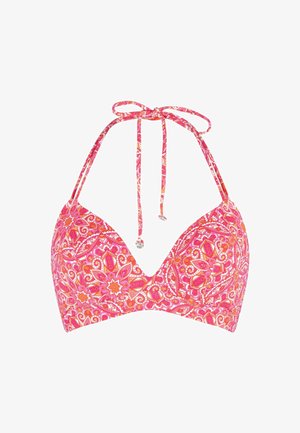 Haut de bikini style brassière avec un motif floral vibrant en rose et orange. Dispose de bretelles à nouer et d'un décolleté en V. Ajustable pour un meilleur ajustement.
