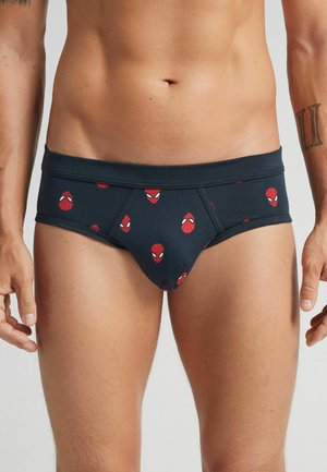 Schwarze Herrenunterwäsche aus dehnbarem Material, mit einem sich wiederholenden roten Spider-Man-Kopfdesign auf der Vorderseite.