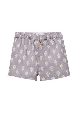 Shorts en lin à motif lavande avec un design de feuilles. Taille élastique, deux boutons en bois à l'avant et coupe standard.