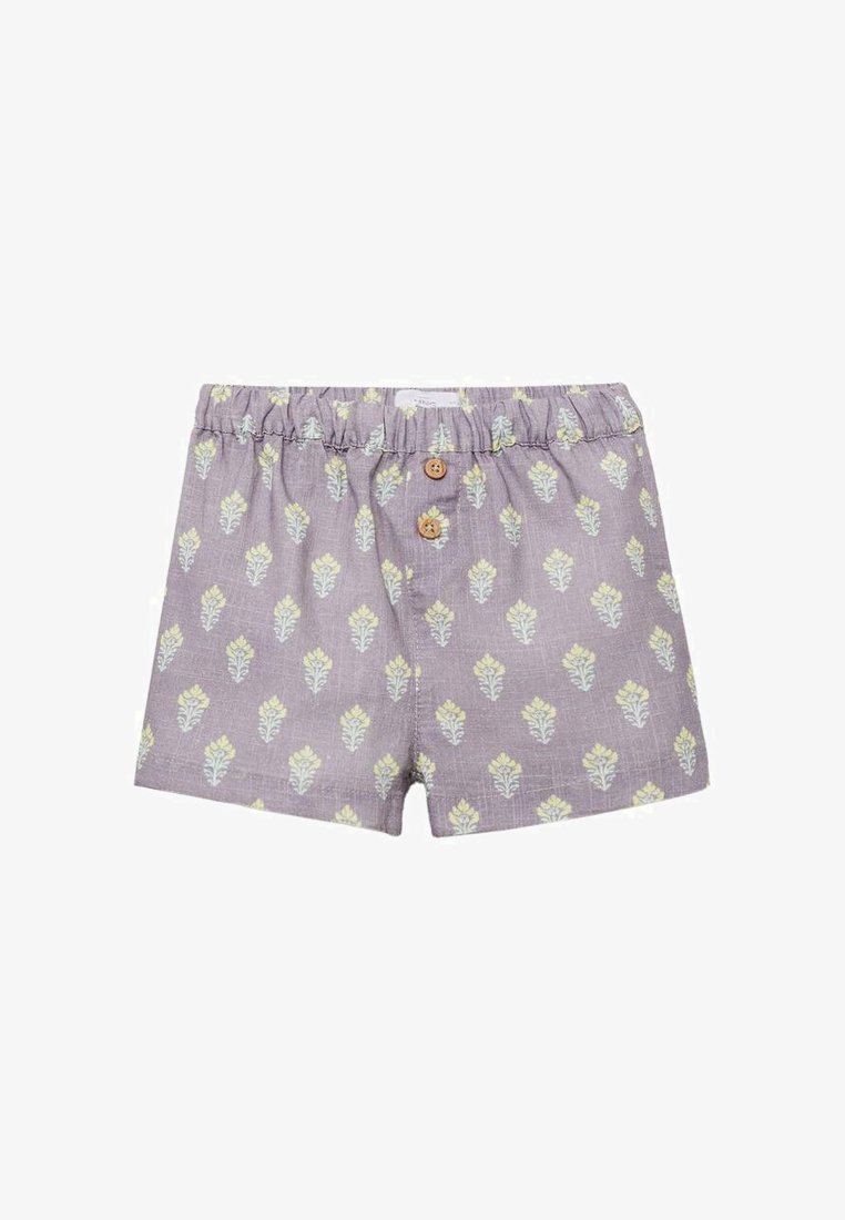 Shorts en lin à motif lavande avec un design de feuilles. Taille élastique, deux boutons en bois à l'avant et coupe standard.