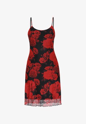 Sort kjole med rødt rosemønster, tynde stropper, tætsiddende design og bølgerkant. Lavet af letvægtsstof med blomstermotiver.