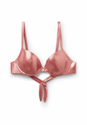Soutien-gorge métallique rose doré avec bonnets moulés, bretelles réglables et un détail de lien à l'avant. Texture lisse et design épuré.