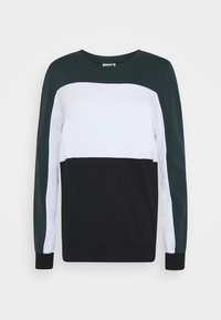 Färgblockad sweatshirt i mörkgrön, vit och svart med paneler. Tillverkad av mjukt tyg med rund halsringning och långa ärmar.