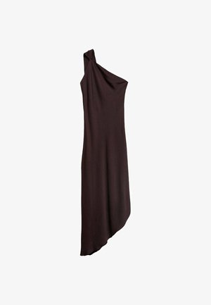 Brown, one-shoulder dress made of smooth fabric, with an asymmetrical hemline that falls below the knee. Subtle draping detail at the shoulder.