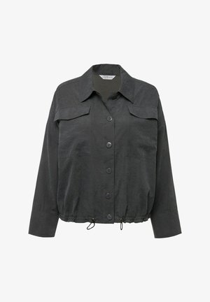 Veste cropped gris foncé en tissu léger. Comprend deux poches avant, une fermeture à boutons sur le devant et un cordon de serrage ajustable à l'ourlet.