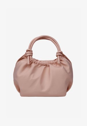 Sac à main rond et doux de couleur rose, fabriqué en matière lisse et texturée, avec des accents de poignées nouées et un haut froncé pour la fermeture.