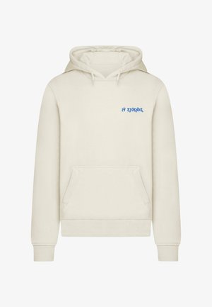 Beige kapucnis pulóver, puha anyagból készült, elöl kenguru zsebbel és egy kék "27 Studios" logóval a bal mellen.