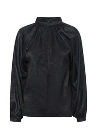 Blusa nera con colletto alto, dettagli arricciati e maniche lunghe a sbuffo. Realizzata in un tessuto testurizzato e lucido con una leggera lucentezza.