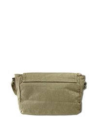 Khaki schoudertas met een rechthoekige vorm, gemaakt van gestructureerde stof. Bevat een voorflap en een afneembare schouderband.