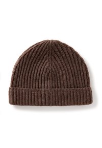 Brown knitted beanie with a ribbed texture and a folded cuff. Features vertical lines and a soft, warm appearance.