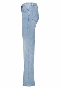 Jeans en denim bleu clair avec une coupe slim, taille mi-haute et légère évasement en bas. Dispose d'un design à cinq poches et de détails de couture minimaux.