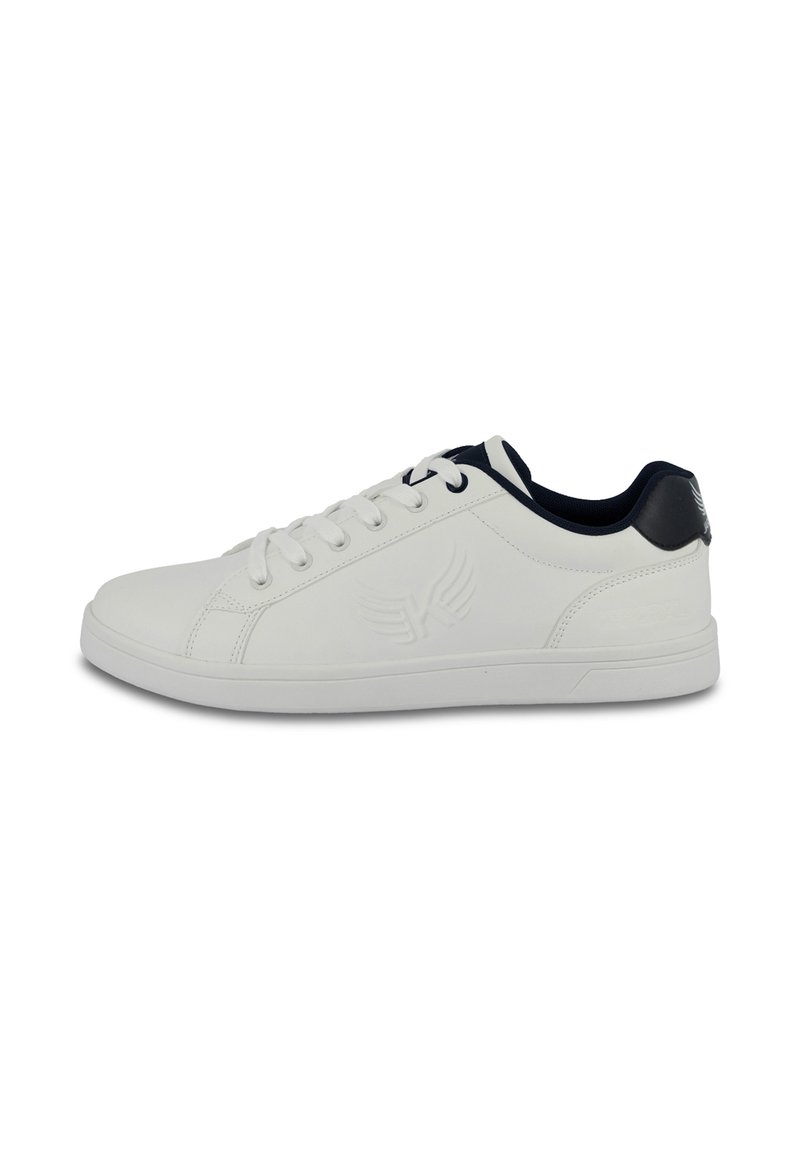 White sneaker with a smooth synthetic upper, lace-up front, contrasting navy heel accent, and embossed logo detail on the side.