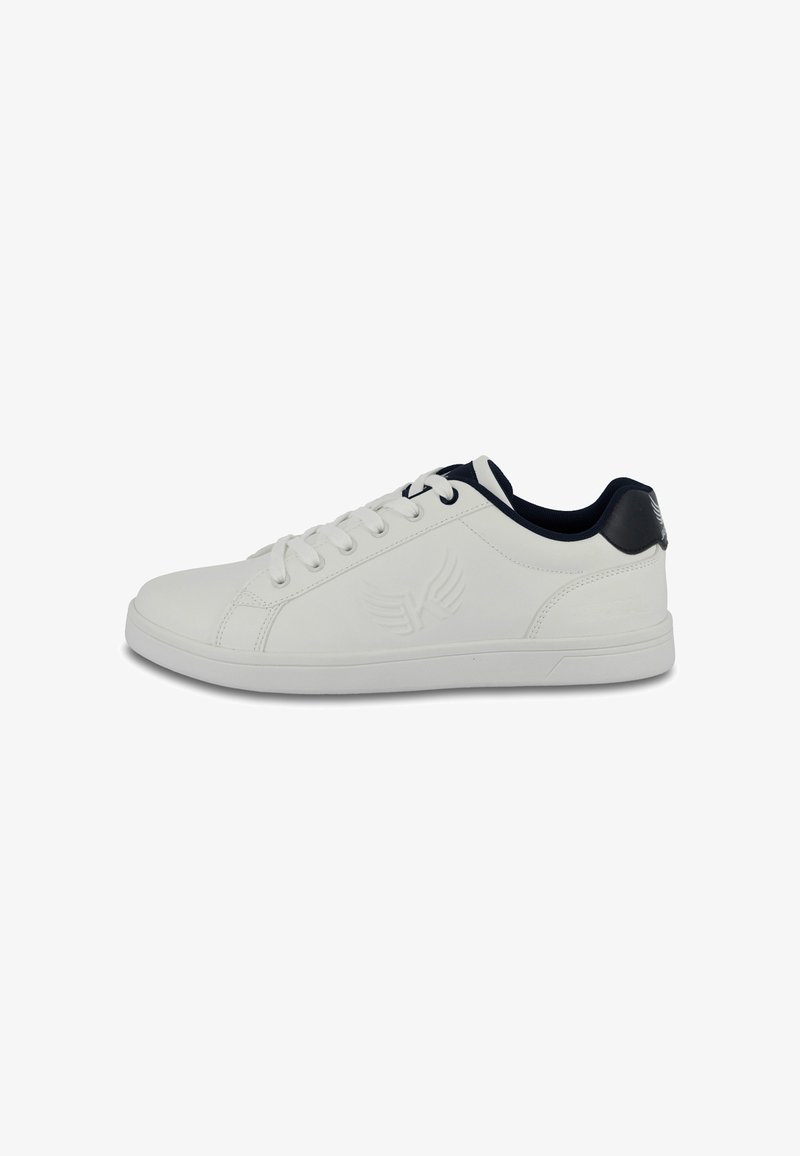 White sneaker with a smooth synthetic upper, lace-up front, contrasting navy heel accent, and embossed logo detail on the side.