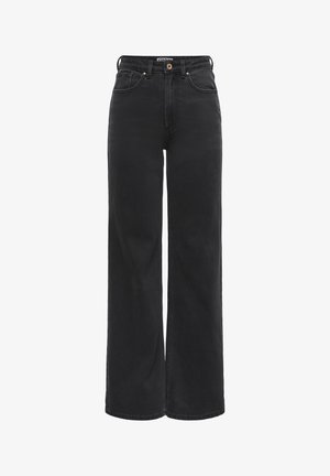 Jeans larges en denim noir. Conception taille haute avec cinq poches, fermeture à bouton et détails de couture contrastants.