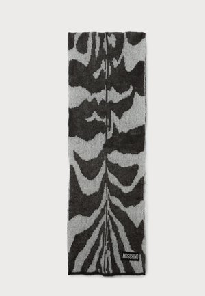 Sort og grå zebra print strikket uld tørklæde med en lille Moschino logo-tag i nederste hjørne.