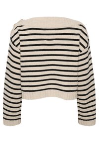 Pull en maille beige court avec des rayures horizontales noires, manches longues, ourlet et poignets côtelés, vu de dos.