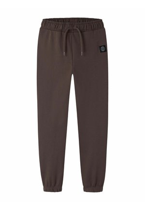 Brown elastic waist jogger pants with drawstring and elastic cuffs, featuring a small black patch with a white globe logo on the right side.