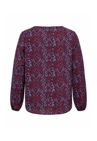 Blouse à manches longues avec un motif abstrait de feuilles violet et gris et des poignets élastiques, vue de dos sur fond blanc.