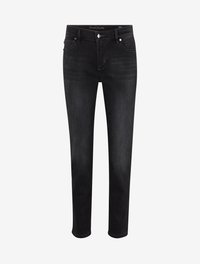 Schwarze Denim-Jeans im Slim-Fit mit einem Fünf-Taschen-Design, Metallknopfverschluss und subtiler Auswaschung. Aus Baumwollmaterial mit glatter Textur.