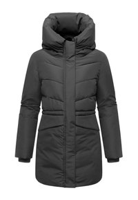 Black padded coat featuring a high collar, zip front, and curved seams. Long sleeves with elastic cuffs and a cinched waist for a fitted look.