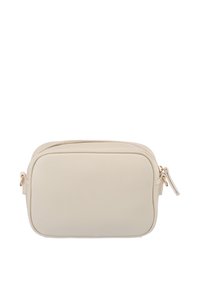 Piccola borsa a tracolla rettangolare in pelle color crema con bordi arrotondati e chiusura superiore con cerniera e tiretto in pelle.