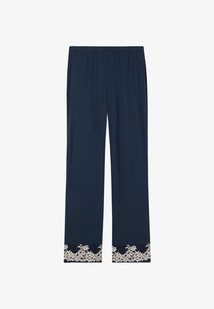 Marineblauwe pyjamabroek met een wijde pijpdesign, voorzien van een decoratieve crèmekleurige kantafwerking aan de zoom en een elastische tailleband voor comfort.