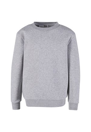 Hellgraues Sweatshirt mit Rundhalsausschnitt, langen Ärmeln sowie gerippten Bündchen an Ärmeln, Saum und Hals, präsentiert vor weißem Hintergrund.