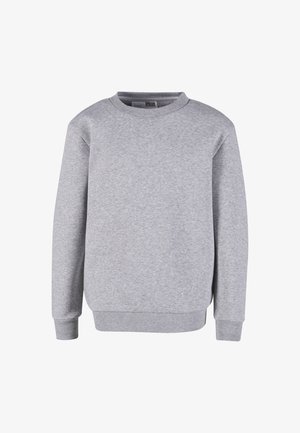 Svetlosivá mikina s okrúhlym výstrihom, dlhými rukávmi a rebrovanými manžetami, lemom a výstrihom, zobrazená na bielom pozadí.