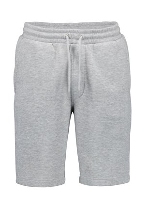 Jasnoszare szorty z bawełnianej mieszanki, z elastycznym pasem, przednim sznurkiem i bocznymi kieszeniami, pokazane z przodu na białym tle.