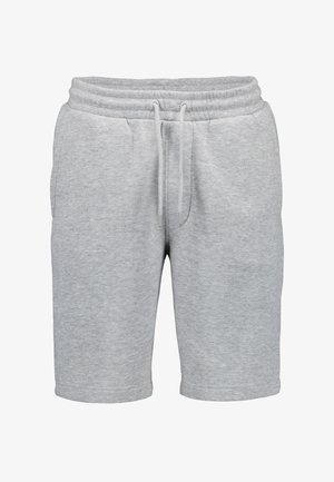 Hellgraue Shorts aus Baumwollmischung mit elastischem Bund, vorderer Kordelzug und Seitentaschen, von vorne auf weißem Hintergrund gezeigt.