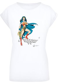 White short-sleeve shirt featuring a comic-style illustration of a superhero with a blue cape, red accents, and a decorative logo below.