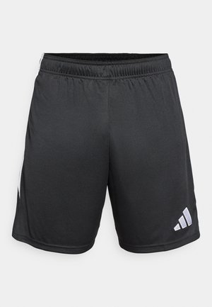 Černé sportovní šortky z lehké tkaniny, s elastickým pasem a bílými proužky po stranách s logem.