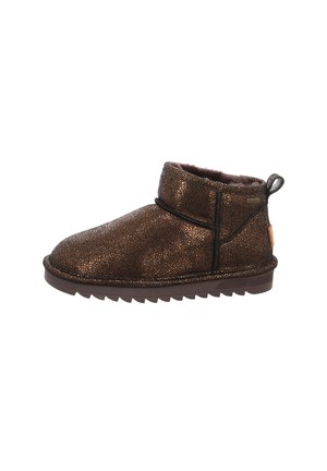 Braune Knöchelschuhstiefel aus strukturiertem Material mit metallic-crackle Finish, ausgestattet mit einem weichen Futter, einer Zuglasche und einer Gummisohle.