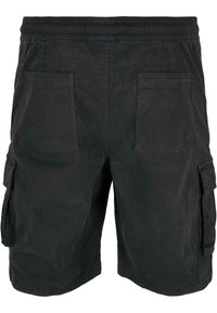 Schwarze Cargo-Shorts mit elastischem Bund, ausgestattet mit zwei Gesäß-Paspeltaschen und zwei seitlichen Klapptaschen.