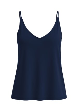 Navyblauwe mouwloze top, met een v-hals ontwerp, gemaakt van gladde stof met verstelbare schouderbanden en een licht uitlopende zoom.