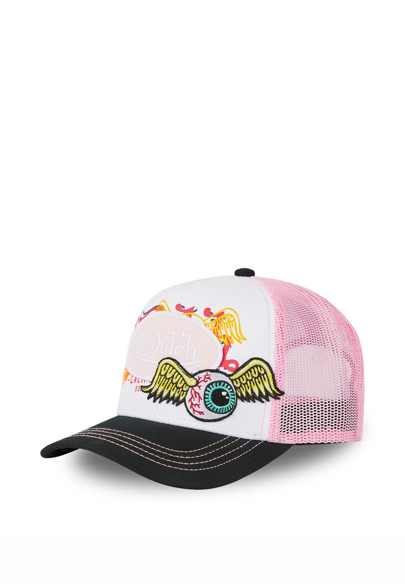 Casquette de camionneur avec un devant blanc, un dos en maille rose, un visière noire et un design brodé représentant un œil avec des ailes et un logo à l'avant.