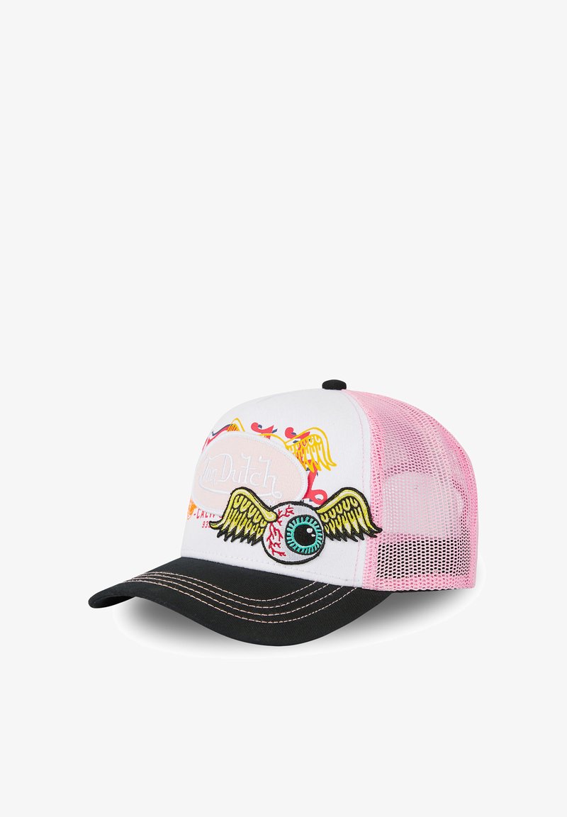 Casquette de camionneur avec un devant blanc, un dos en maille rose, un visière noire et un design brodé représentant un œil avec des ailes et un logo à l'avant.