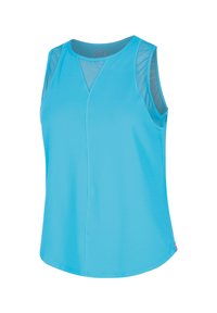 Top sin mangas en un brillante color turquesa, hecho de una tela ligera y suave. Presenta paneles de malla en los hombros y un dobladillo curvado.