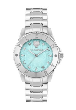 Silberne Metallarmbanduhr mit türkisfarbenem strukturiertem Zifferblatt, Stern-, Halbmond- und Wolfskopf-Details sowie "PLEIN SPORT" Text auf Lünette und Zifferblatt.