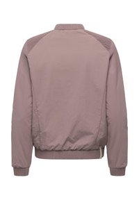 Back view of a mauve bomber jacket with ribbed collar, cuffs, hem, and textured shoulder panels.