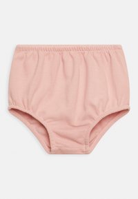 Rosa bomullsdiafräkt med sammetselastiskt midjeband och benöppningar, som har en slät yta och en enkel design.