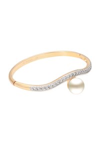 Bracciale dorato con un design ondulato, caratterizzato da un accento argenteo con pietre brillanti e un dettaglio in perla liscia e rotonda.