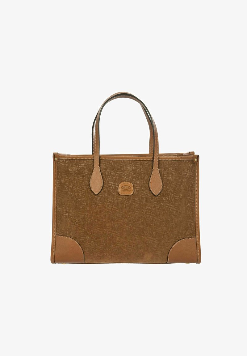 Braune, strukturierte Leder-Tote mit hellbraunen Akzenten, doppelten Griffen und einem Front-Logo. Verfügt über eine strukturierte Form und einen Reißverschluss.