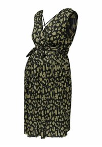 Gravidklänning med V-ringning, plisserat tyg i ett svart och olivgrönt abstrakt mönster samt ett knytband i midjan för justerbar passform.