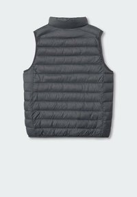 Gray puffer vest featuring a high collar and quilted design with horizontal seams. Smooth texture, sleeveless, and lightweight construction.