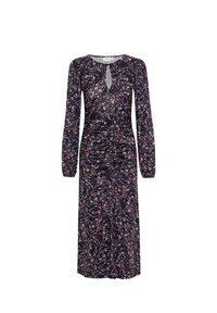 Floral bedrucktes Kleid in Marineblau mit langen Ärmeln und herzförmigem Ausschnitt. Verfügt über Raffungselemente an der Taille und einen Schlüssel-Details.