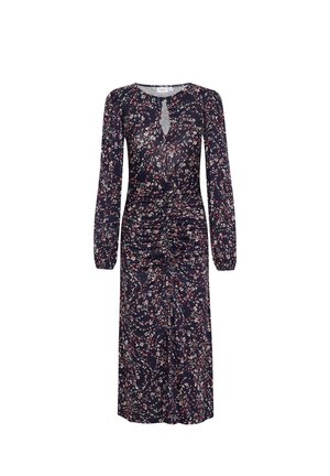 Abito con fantasia floreale in navy, con maniche lunghe e scollatura a barchetta. Presenta dettagli arricciati in vita e un'apertura a forma di chiave.